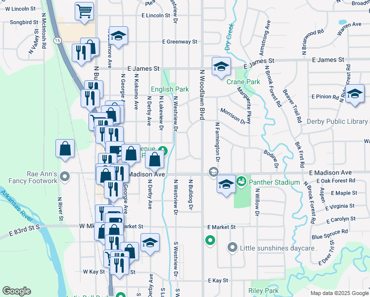 map of restaurants, bars, coffee shops, grocery stores, and more near 720 North El Paso Drive in Derby