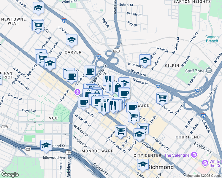 map of restaurants, bars, coffee shops, grocery stores, and more near 516 Brook Road in Richmond