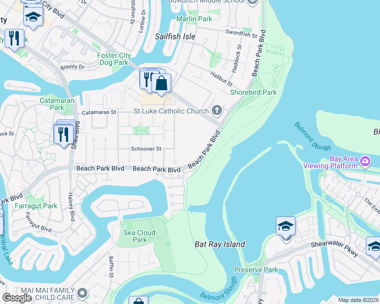 map of restaurants, bars, coffee shops, grocery stores, and more near 1191 Compass Lane in Foster City