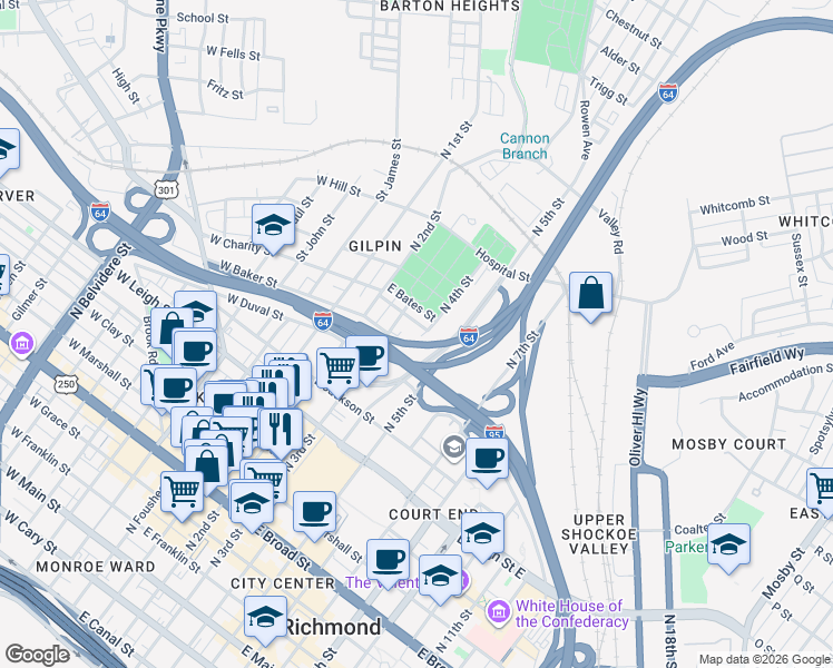 map of restaurants, bars, coffee shops, grocery stores, and more near 316 East Baker Street in Richmond