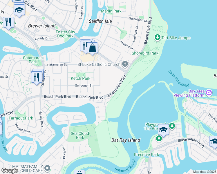 map of restaurants, bars, coffee shops, grocery stores, and more near 1191 Compass Lane in Foster City