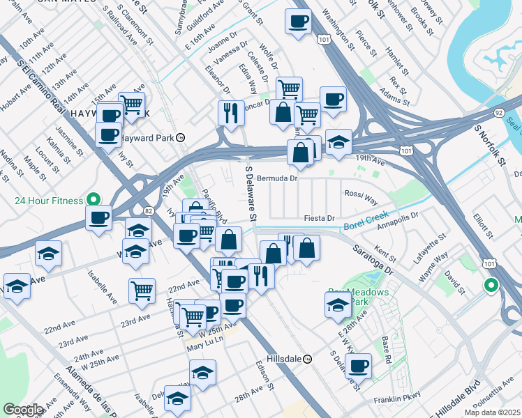 map of restaurants, bars, coffee shops, grocery stores, and more near 2088 Texas Way in San Mateo