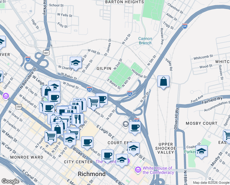 map of restaurants, bars, coffee shops, grocery stores, and more near 316 East Baker Street in Richmond