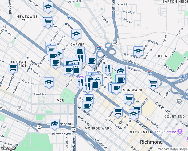 map of restaurants, bars, coffee shops, grocery stores, and more near in Richmond