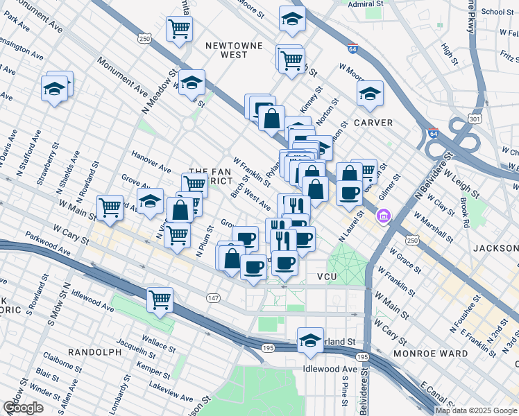 map of restaurants, bars, coffee shops, grocery stores, and more near in Richmond