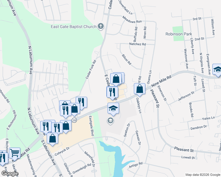 map of restaurants, bars, coffee shops, grocery stores, and more near 76 Cedar Fork Road in Richmond