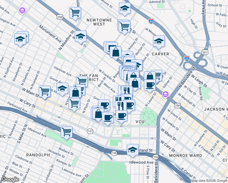 map of restaurants, bars, coffee shops, grocery stores, and more near in Richmond