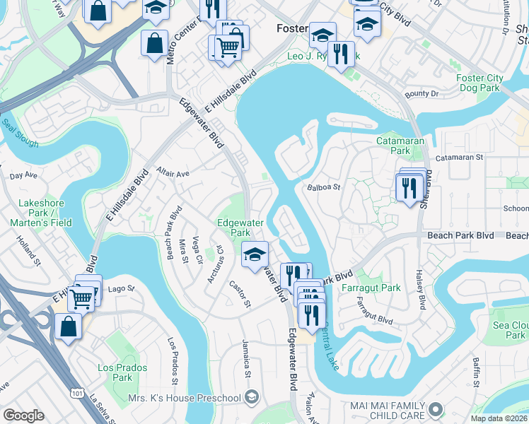 map of restaurants, bars, coffee shops, grocery stores, and more near 805 Corvus Lane in Foster City