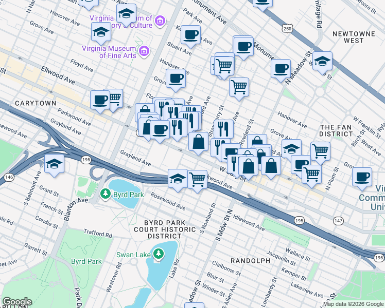 map of restaurants, bars, coffee shops, grocery stores, and more near in Richmond