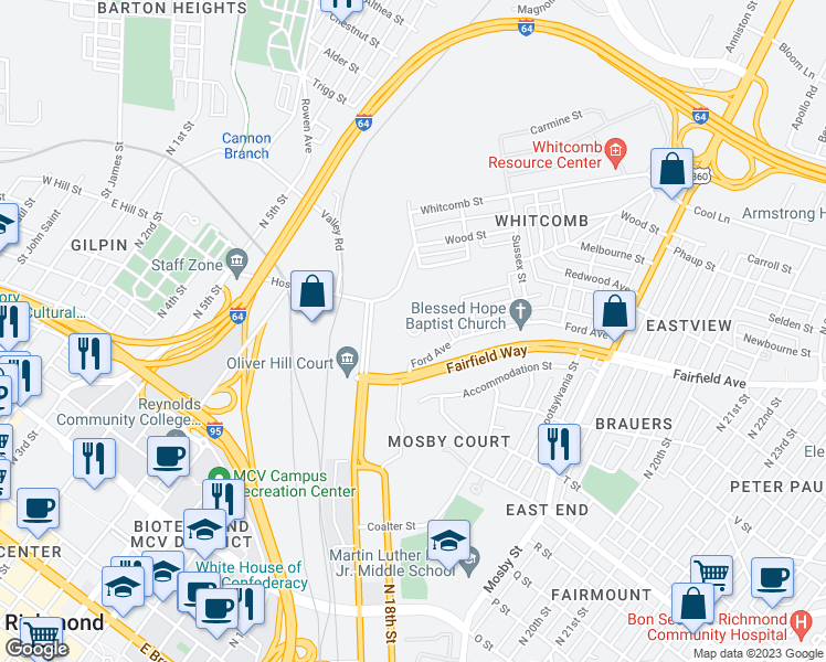 map of restaurants, bars, coffee shops, grocery stores, and more near 1901 Raven St in Richmond