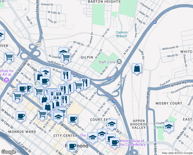 map of restaurants, bars, coffee shops, grocery stores, and more near 914 North 4th Street in Richmond