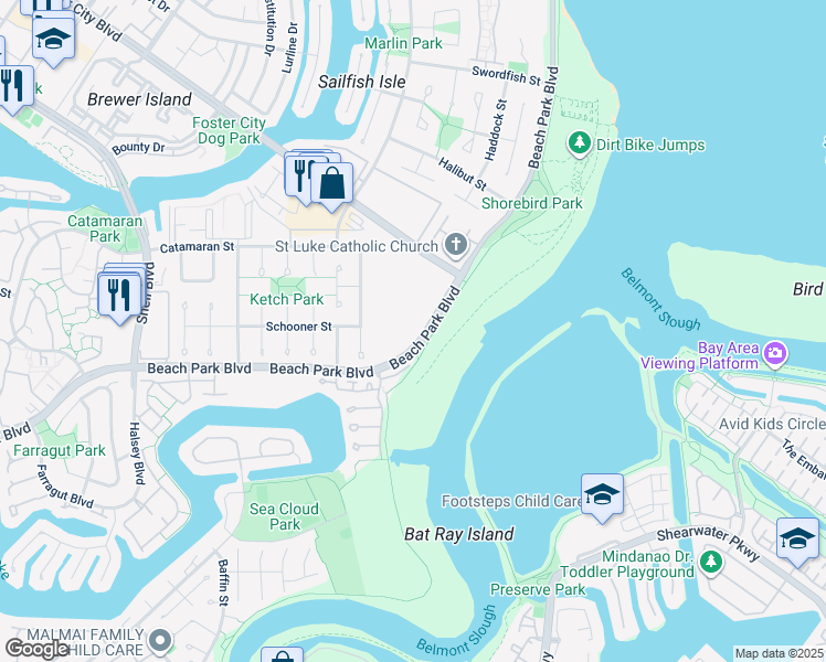 map of restaurants, bars, coffee shops, grocery stores, and more near 1051 Beach Park Boulevard in Foster City