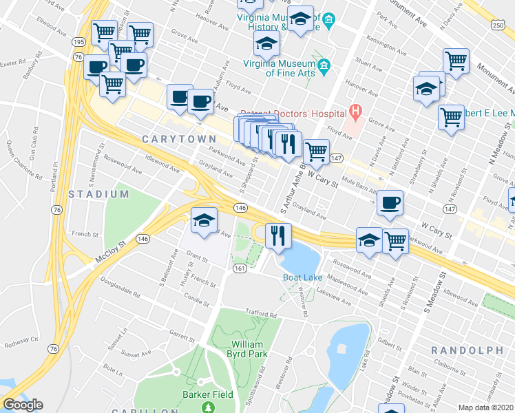 map of restaurants, bars, coffee shops, grocery stores, and more near 2925 Idlewood Avenue in Richmond