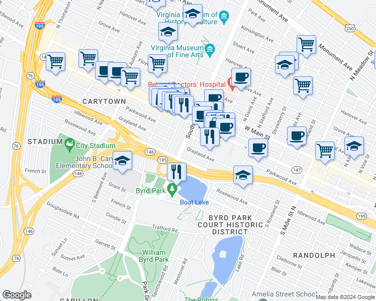 map of restaurants, bars, coffee shops, grocery stores, and more near 301 South Arthur Ashe Boulevard in Richmond