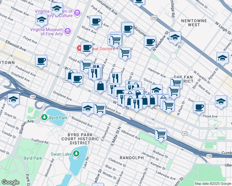 map of restaurants, bars, coffee shops, grocery stores, and more near 2105 West Main Street in Richmond