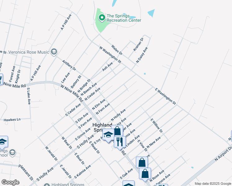 map of restaurants, bars, coffee shops, grocery stores, and more near 119 North Elm Avenue in Highland Springs