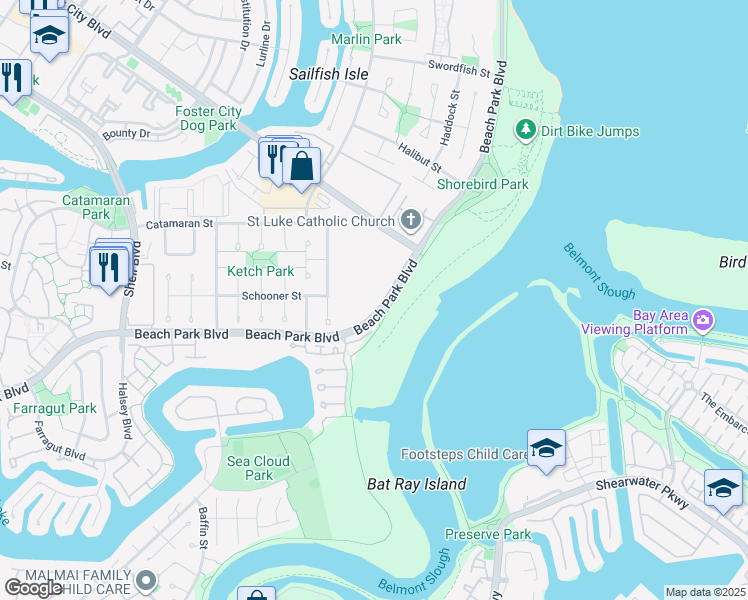 map of restaurants, bars, coffee shops, grocery stores, and more near 1051 Beach Park Boulevard in Foster City