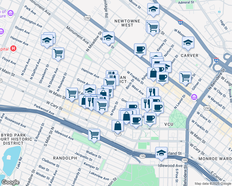 map of restaurants, bars, coffee shops, grocery stores, and more near 1502 Grove Avenue in Richmond