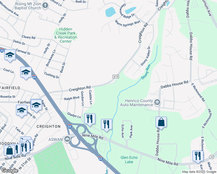 map of restaurants, bars, coffee shops, grocery stores, and more near 3067 Creighton Road in Richmond