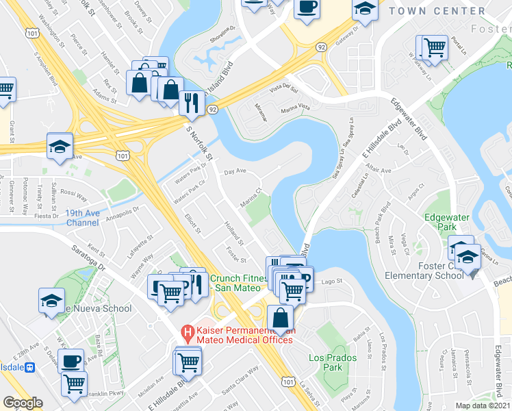map of restaurants, bars, coffee shops, grocery stores, and more near 1500 Marina Court in San Mateo