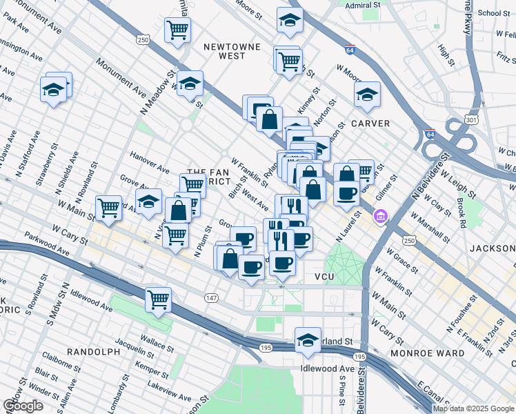 map of restaurants, bars, coffee shops, grocery stores, and more near 1103 West Avenue in Richmond