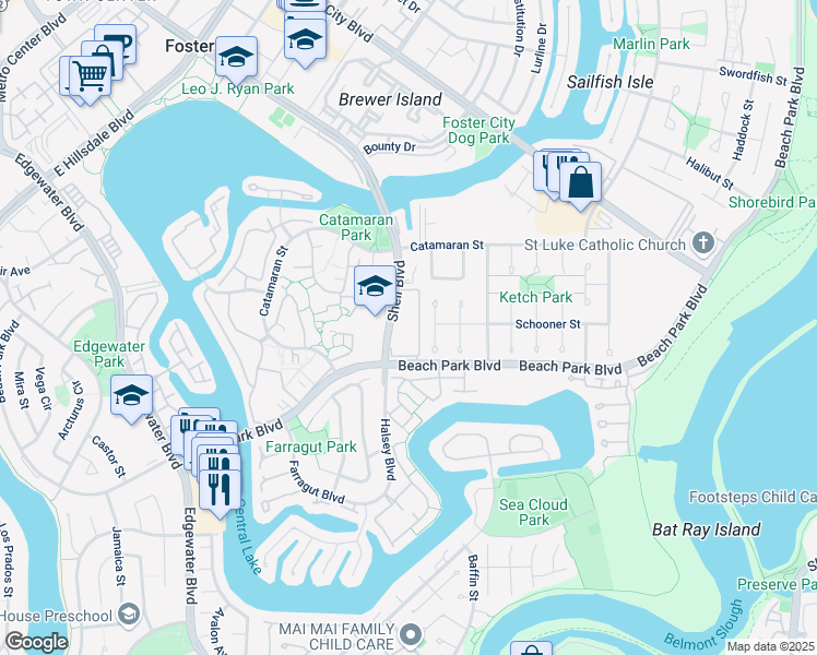 map of restaurants, bars, coffee shops, grocery stores, and more near 1025 Shell Boulevard in Foster City