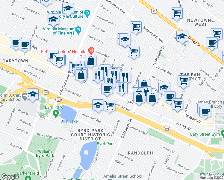map of restaurants, bars, coffee shops, grocery stores, and more near Uptown Alley in Richmond