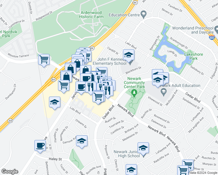map of restaurants, bars, coffee shops, grocery stores, and more near 35300 Cedar Boulevard in Newark