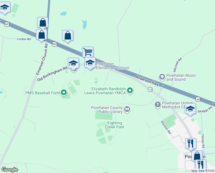 map of restaurants, bars, coffee shops, grocery stores, and more near 4027 Old Buckingham Road in Powhatan
