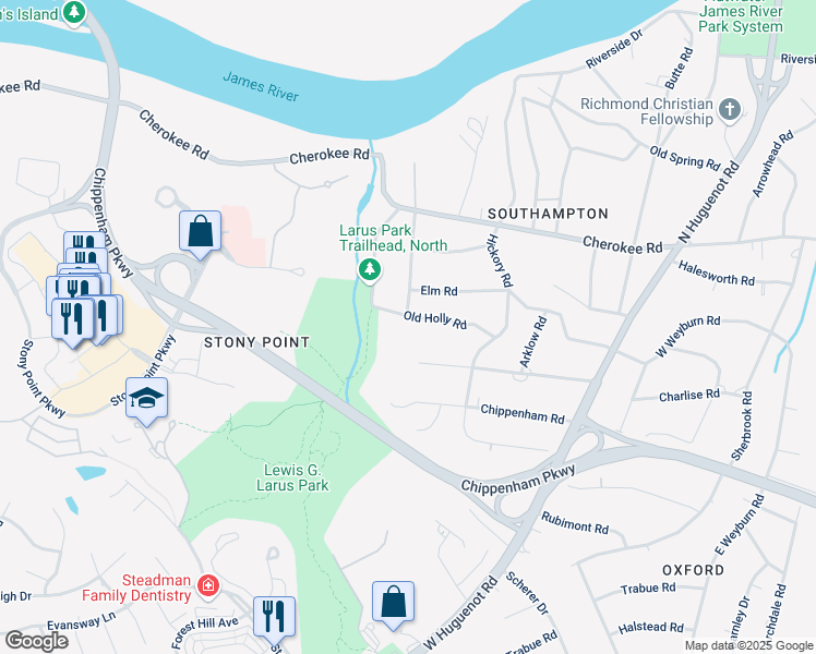 map of restaurants, bars, coffee shops, grocery stores, and more near 9001 Old Holly Rd in Richmond