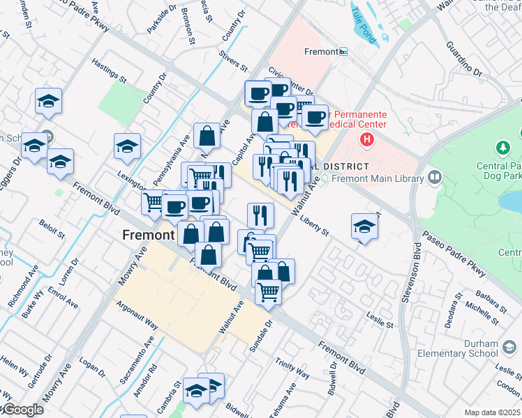 map of restaurants, bars, coffee shops, grocery stores, and more near 39277 Beacon Avenue in Fremont