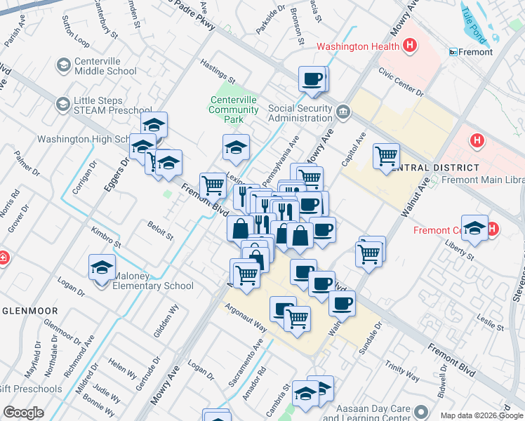 map of restaurants, bars, coffee shops, grocery stores, and more near 38860 Fremont Boulevard in Fremont