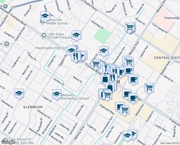 map of restaurants, bars, coffee shops, grocery stores, and more near 4087 Bell Terrace in Fremont