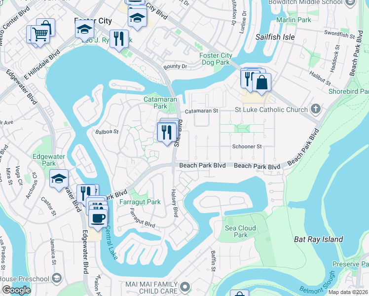 map of restaurants, bars, coffee shops, grocery stores, and more near in Foster City