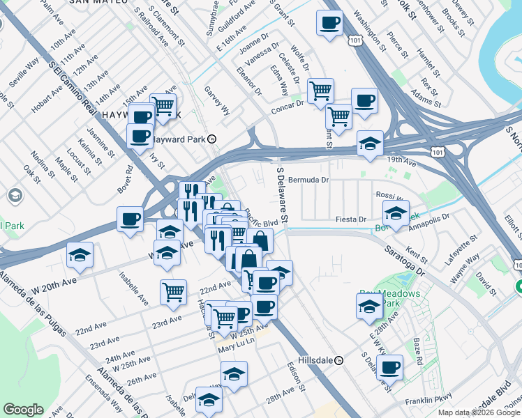 map of restaurants, bars, coffee shops, grocery stores, and more near 2089 Pacific Boulevard in San Mateo