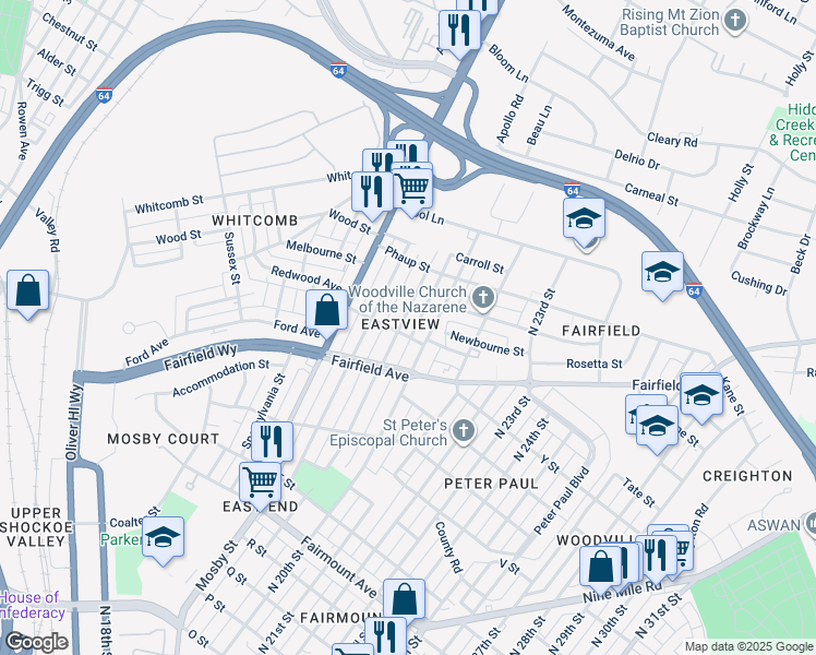 map of restaurants, bars, coffee shops, grocery stores, and more near 1900 North 20th Street in Richmond