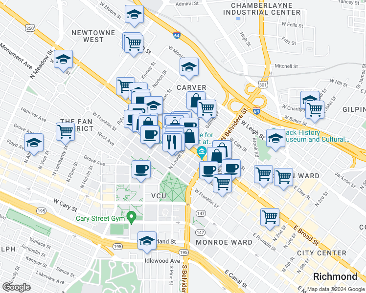 map of restaurants, bars, coffee shops, grocery stores, and more near 308 North Laurel Street in Richmond