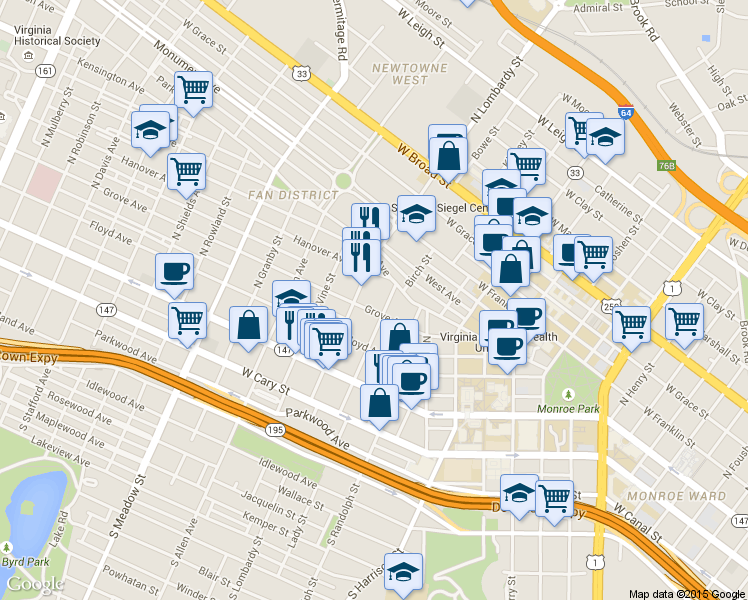 map of restaurants, bars, coffee shops, grocery stores, and more near 1502 Grove Avenue in Richmond