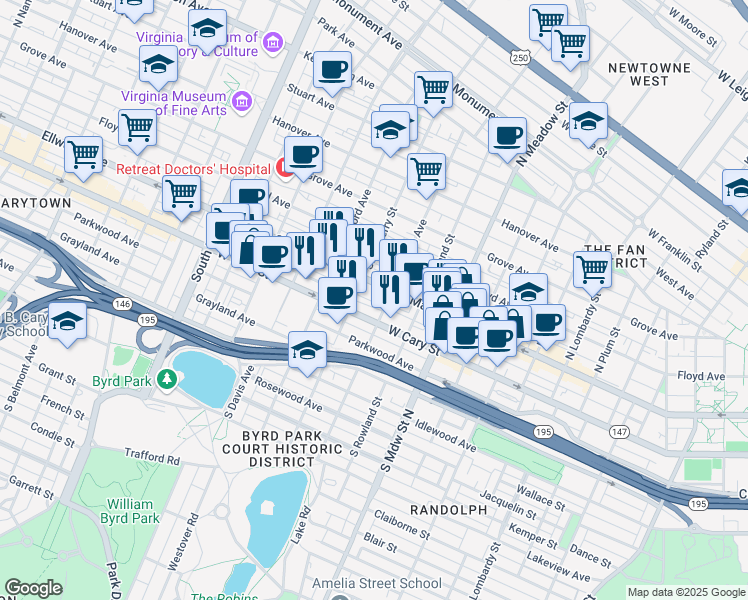 map of restaurants, bars, coffee shops, grocery stores, and more near 12 South Shields Avenue in Richmond