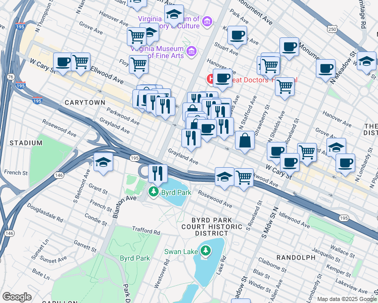 map of restaurants, bars, coffee shops, grocery stores, and more near 2608 Grayland Avenue in Richmond