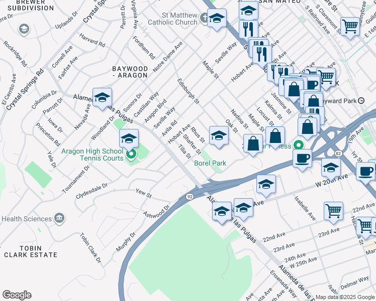 map of restaurants, bars, coffee shops, grocery stores, and more near 1239 Tilia Street in San Mateo