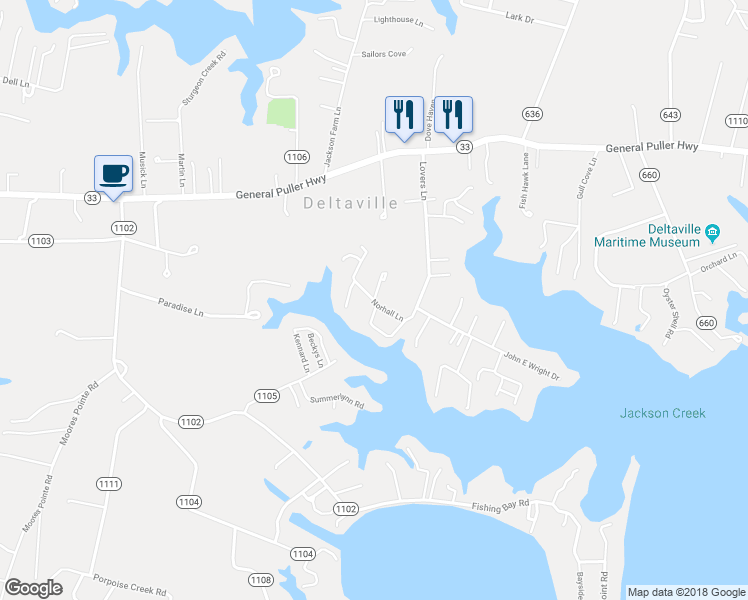 map of restaurants, bars, coffee shops, grocery stores, and more near 148 Norhall Lane in Deltaville