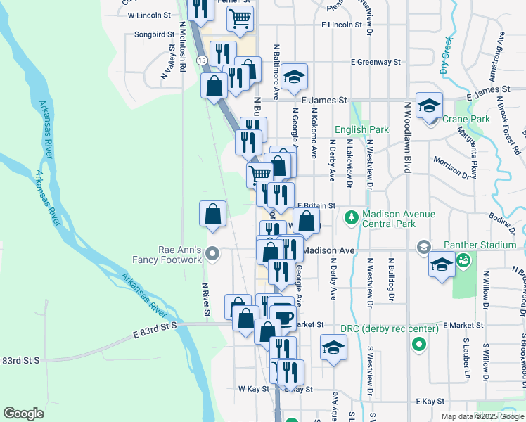 map of restaurants, bars, coffee shops, grocery stores, and more near 727 North Baltimore Avenue in Derby
