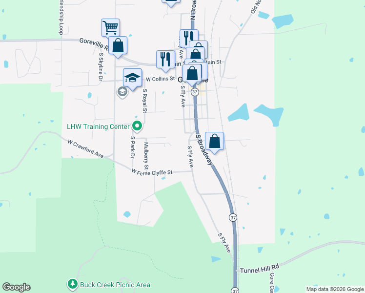 map of restaurants, bars, coffee shops, grocery stores, and more near 701-899 South Fly Avenue in Goreville
