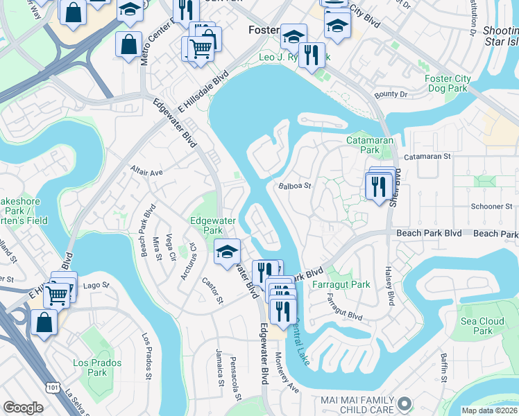 map of restaurants, bars, coffee shops, grocery stores, and more near 823 Columba Lane in Foster City