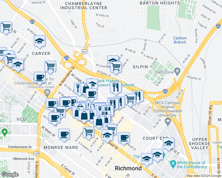 map of restaurants, bars, coffee shops, grocery stores, and more near 709 Cameo Street in Richmond