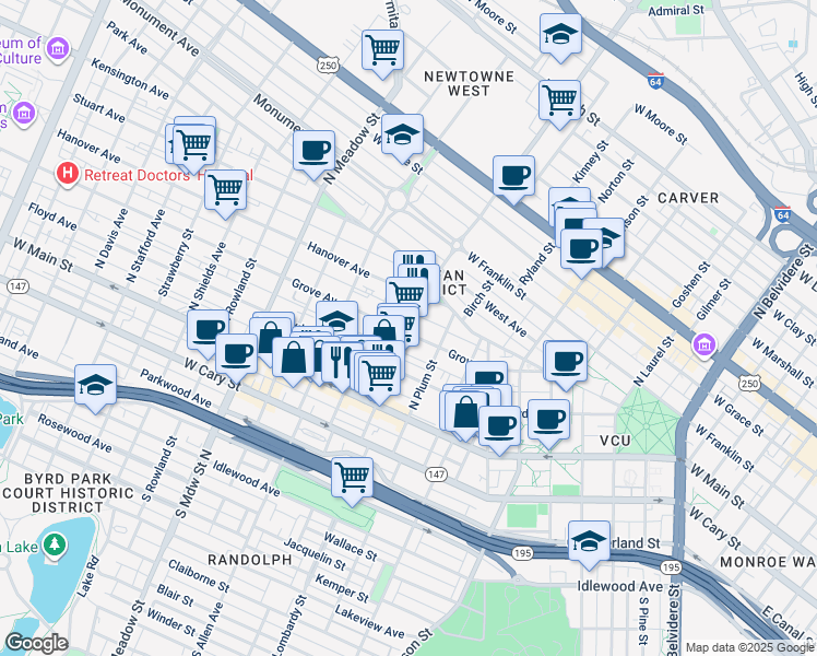 map of restaurants, bars, coffee shops, grocery stores, and more near in Richmond