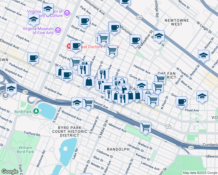 map of restaurants, bars, coffee shops, grocery stores, and more near 2 North Rowland Street in Richmond