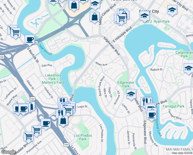 map of restaurants, bars, coffee shops, grocery stores, and more near 640 Celestial Lane in Foster City