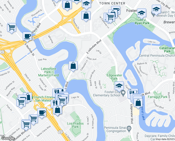 map of restaurants, bars, coffee shops, grocery stores, and more near 640 Celestial Lane in Foster City